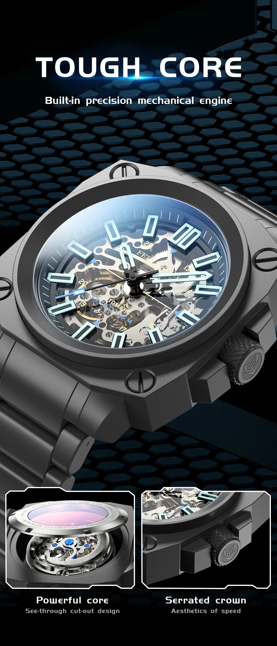 FeelNever Kreative Herrenuhr mit Automatikwerk, ausgehöhlt, modisch, lässig, sportlich, Militär, Leder, wasserdicht, mechanische Uhr + Box