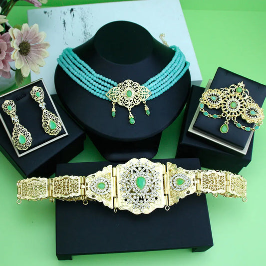 Sunspicems Morocco Bride Wedding Jewelry Sets For Women Gold Color Arabic Caftan Waist Belt Brooch Bead Choker Necklace Earrings