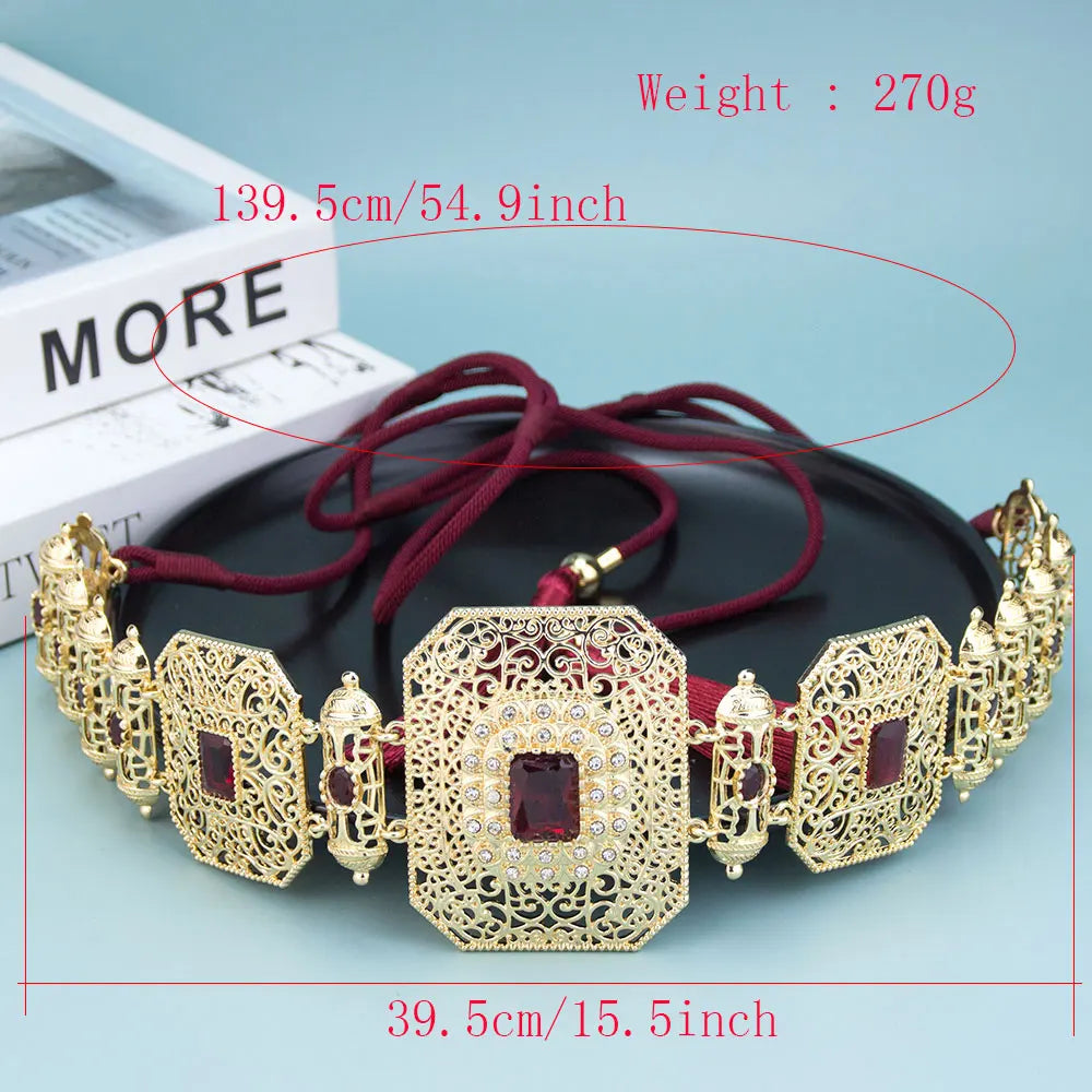 Sunspicems Gold Color Moroccan Caftan Belt Arabic Hand Rope Waist Chain Adjustable Length Women Belt Tassel Metal Body Jewelry