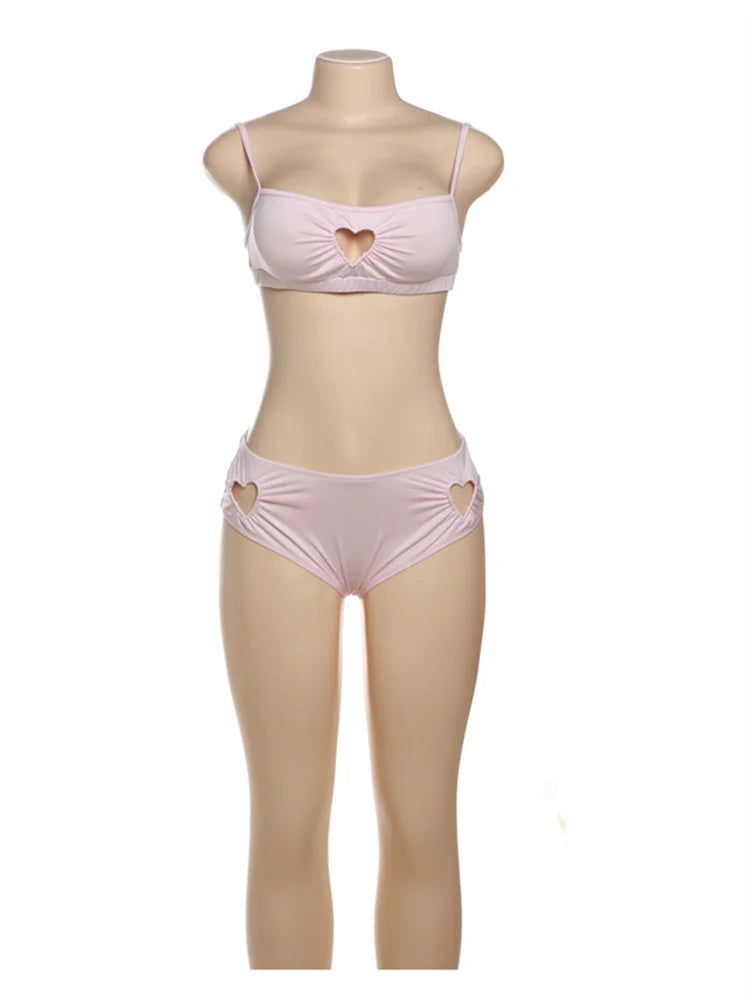 Nibber Sexy Heart Hollow 2 Piece Set Women Simple Vacation Camisole+Panties Beach Style Matching Stretch Street Comfortable Suit