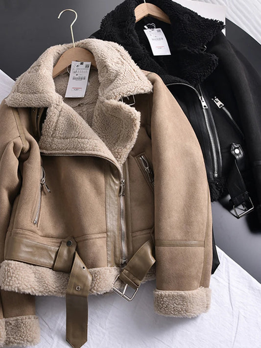 Ailegogo Winter Damen Dicke Warme Wildleder Lamm Jacke Kurze Motorrad Braun Mäntel Faux Shearling Schaffell Leder Jacken Outwear