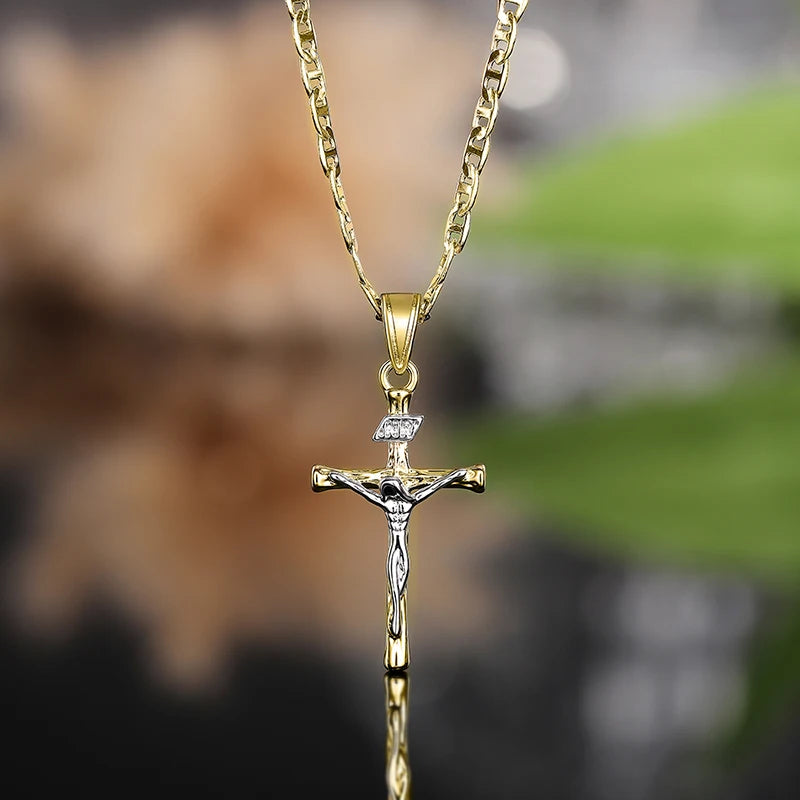 Huitan Religious Cross Pendant Necklace for Women/Men Two Tone Plated New Trendy Boys Girls Necklace Hip Hop Rock Neck Jewelry