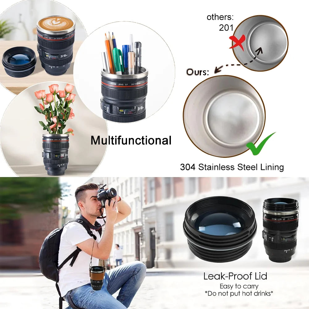 Water Bottle Camera Len Coffee Cup Travle Mug Thermal Cup Stainless Steel Tumbler Cup With Lid Leak Proof Vacuum Flask Drinkware