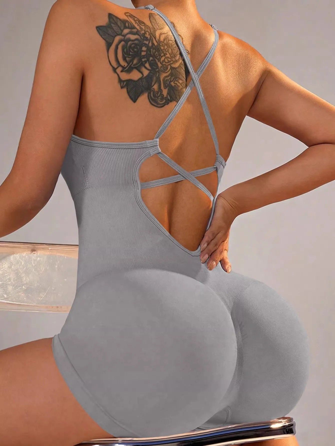 Women's Yoga Jumpsuit, Sexy One-Piece Fitness Romper with Strap, Tummy Control & Padded Sports Bra for Workout