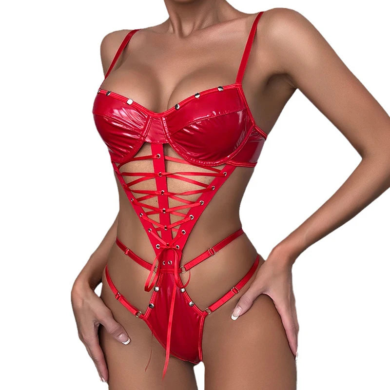 Women Sexy PU Strappy Bodysuits Bodycon Hot Catsuits Hollow Solid Rompers Fashion Erotic Faux Leather One Piece Onesie