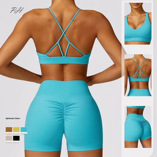 Women Yoga Athletic Sets Running Sportswear Tight Shorts Cross Sports Bra Suits Seamless Gym Tracksuit Fitness Workout Outfits