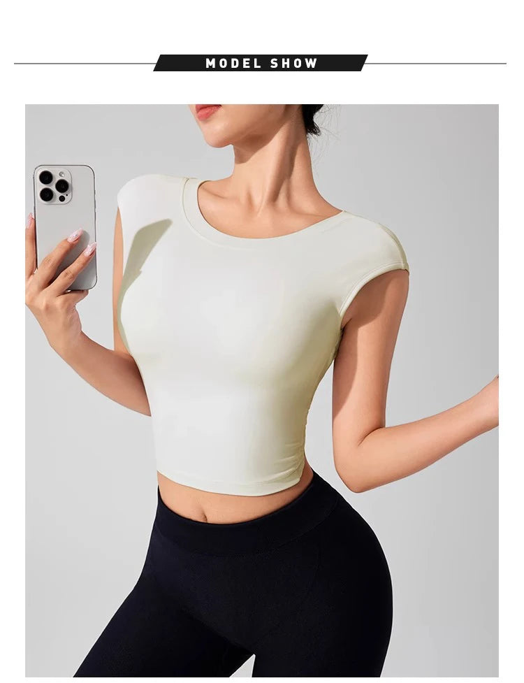 Women's Backless Fitness Clothes with Fixed Chest Pad Beautiful Top Short Sleeve Dance Sport  T-Shirt Yoga Wear