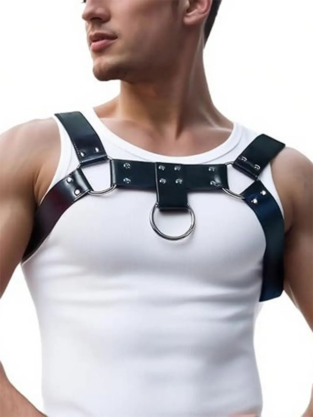 Men’s PU Leather Chest Harness O Ring Body Harness Adjustable Shoulder Strap Punk Streetwear