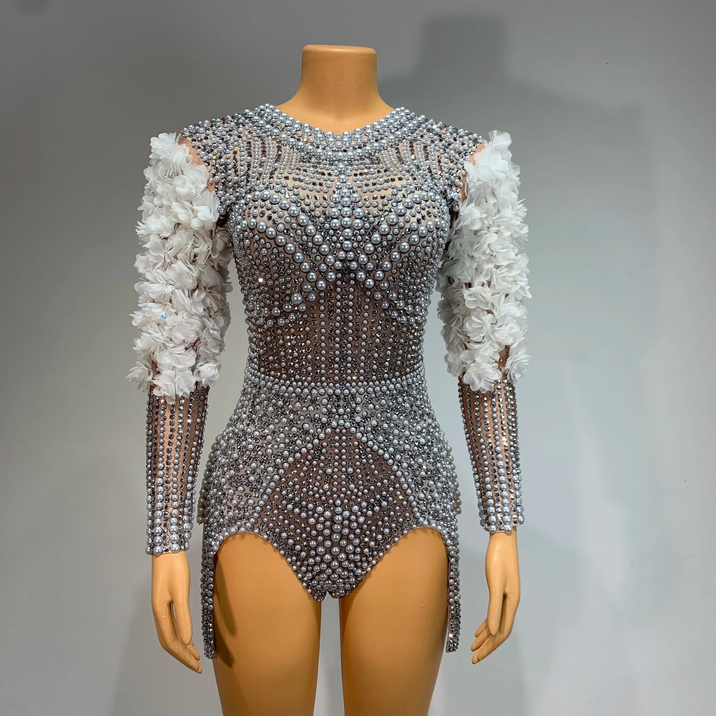 Shining Luxury Tight Bodysuit Women Sexy Pearls Rhinestone Flowers Stage Outfit Performance Dance Costume Nightclub Wear 2024