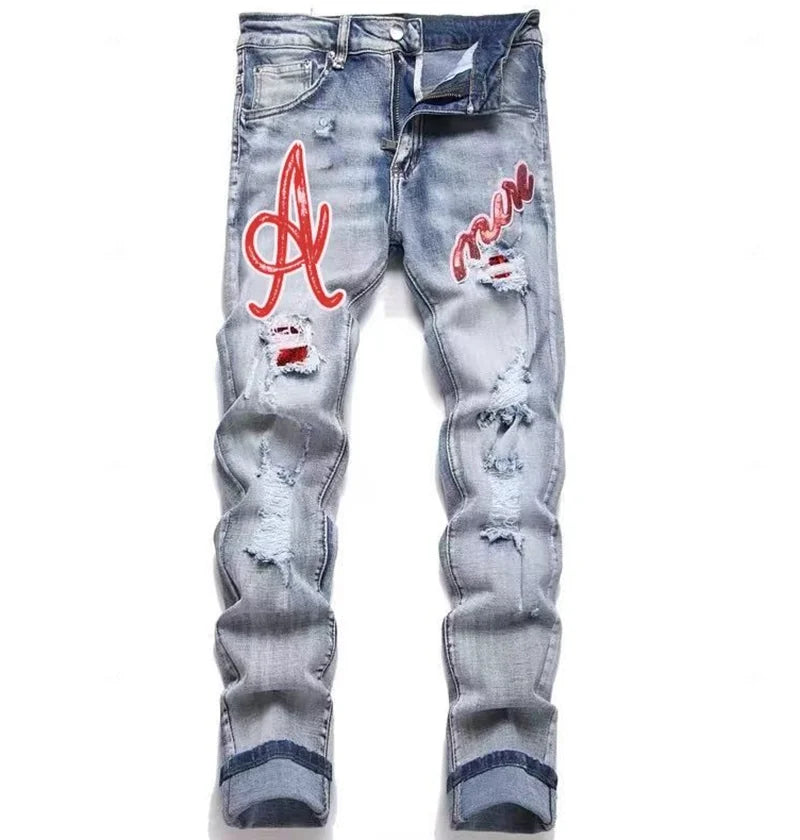 Men's Hip-Hop Style Distressed Holes Jeans Wash Ripped Pants with Red Embroidered Patches Casual Trendy Streetwear Trousers