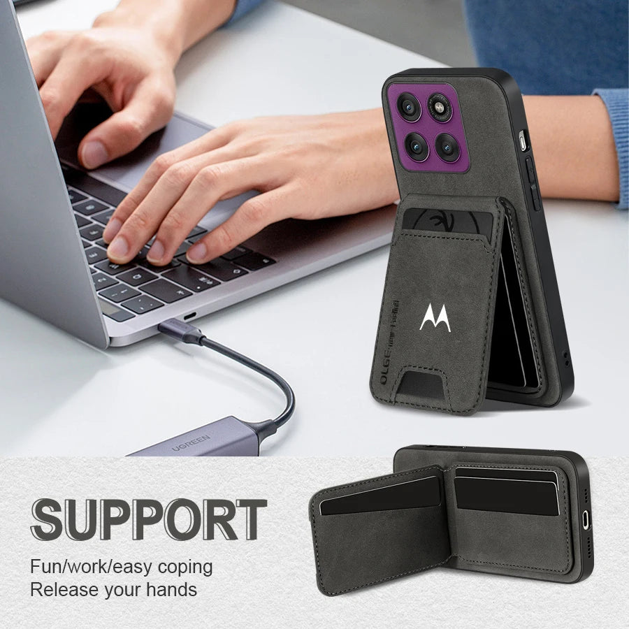 Business Luxury Sheepskin Leather Case For Motorola Signature Edge 60 70 Fusion Plus Pro Card Holder Magnetic Stand Phone Cover