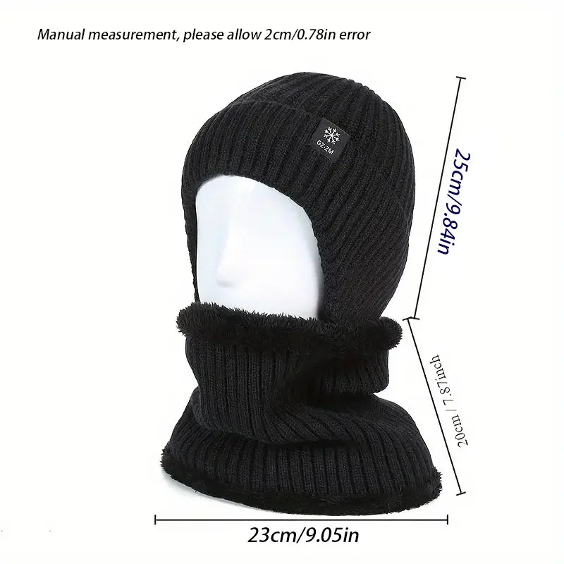 Men's Autumn/Winter Hat+Scarf Winter Warm Ear Protection Set Thick Knitted Wool Breathable Solid Color Hat