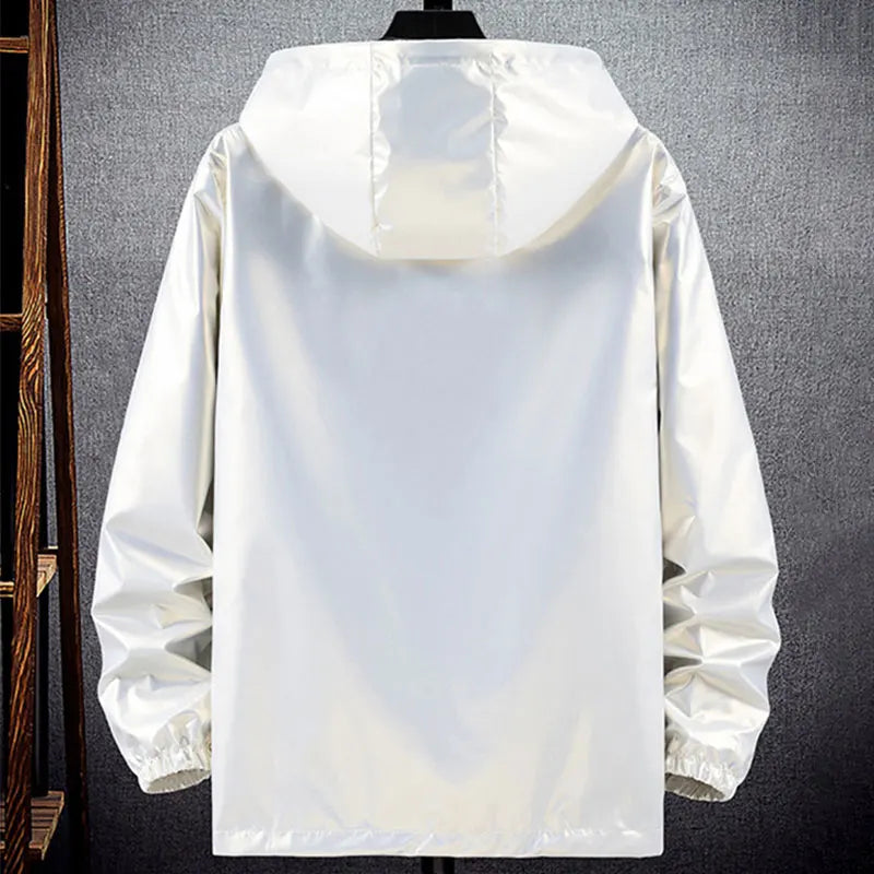 Men Shiny Jacket Shiny Silver Bright Hooded Zipper Bomber Jacket Autumn Thin Harajuku Windbreaker Waterproof Coats