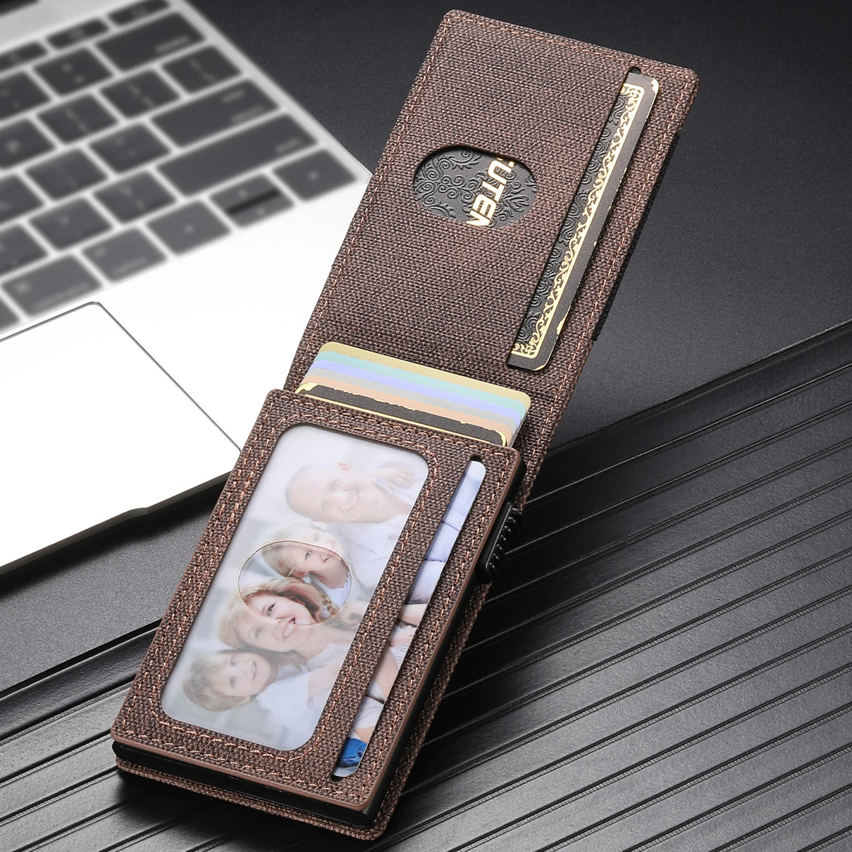 SUTENI Faux Leather Card Slot Wallet Flip Cover Unisex Card Box Pressing The Button Automatically Ejects The Card