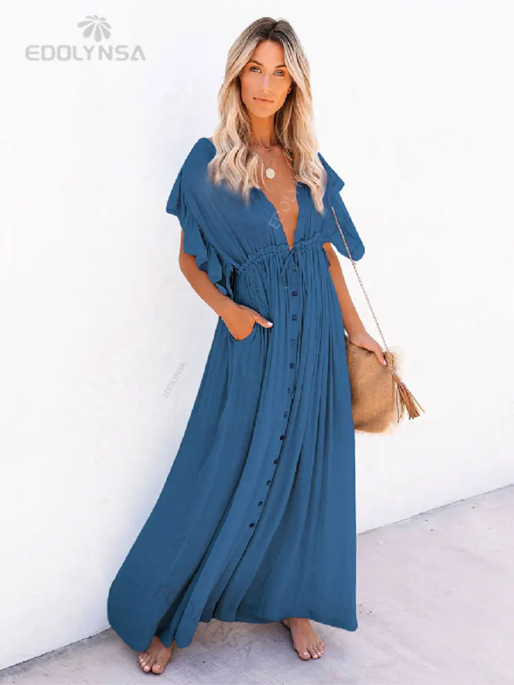 Sexy Deep V-neck Butterfly Sleeve Self Belted High Waist Button Front Open Summer Beach Dress WhiteTunic Women Beachwear Q1208