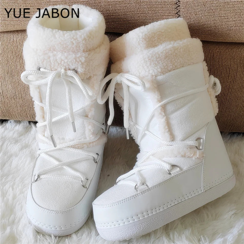 Pink Lamb Fleece Cotton Snow Boots for Women 2026 Winter Soft Warm Comfortable Lace-up Mid-calf Boots Soft Non-slip Ski Boots