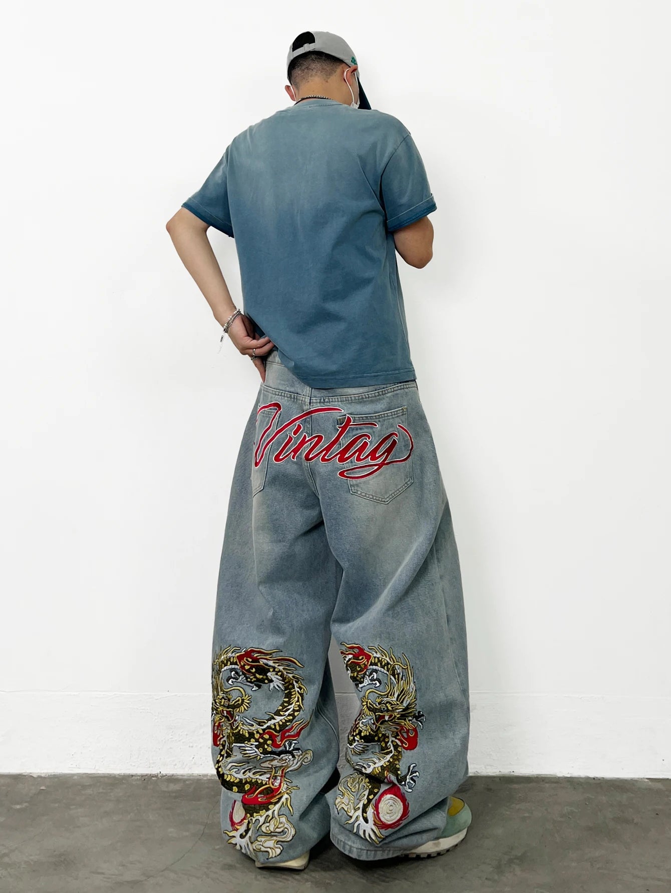 American Retro Dragon Art Embroidery Blue Baggy Jeans Men's y2k Washed Street Hip-Hop Fashion Versatile Straight Wide-Leg Pants