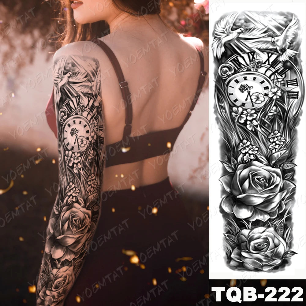 Large Full Arm Sleeve Waterproof Temporary Tattoo Sticker Leopard Flower Dove Of Peace Clock Thorn Fake Tatoo Body Art Men Women