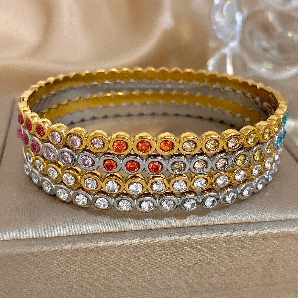 Colorful Rhinestone Beads Stainless Steel Bracelets for Women Fashion Gold Silver Color Stacked Cuff Bangle Waterproof Jewelry