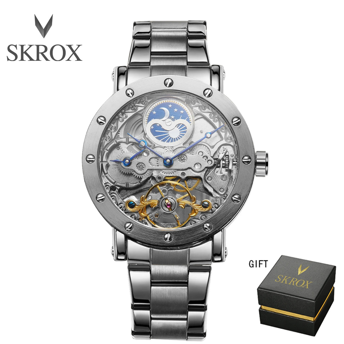 Luxury Brand GMT Time Zone Moon Phase Automatic Movement Man Watch Stainless Steel Skeleton Mechanical Waterproof Male Clockwork