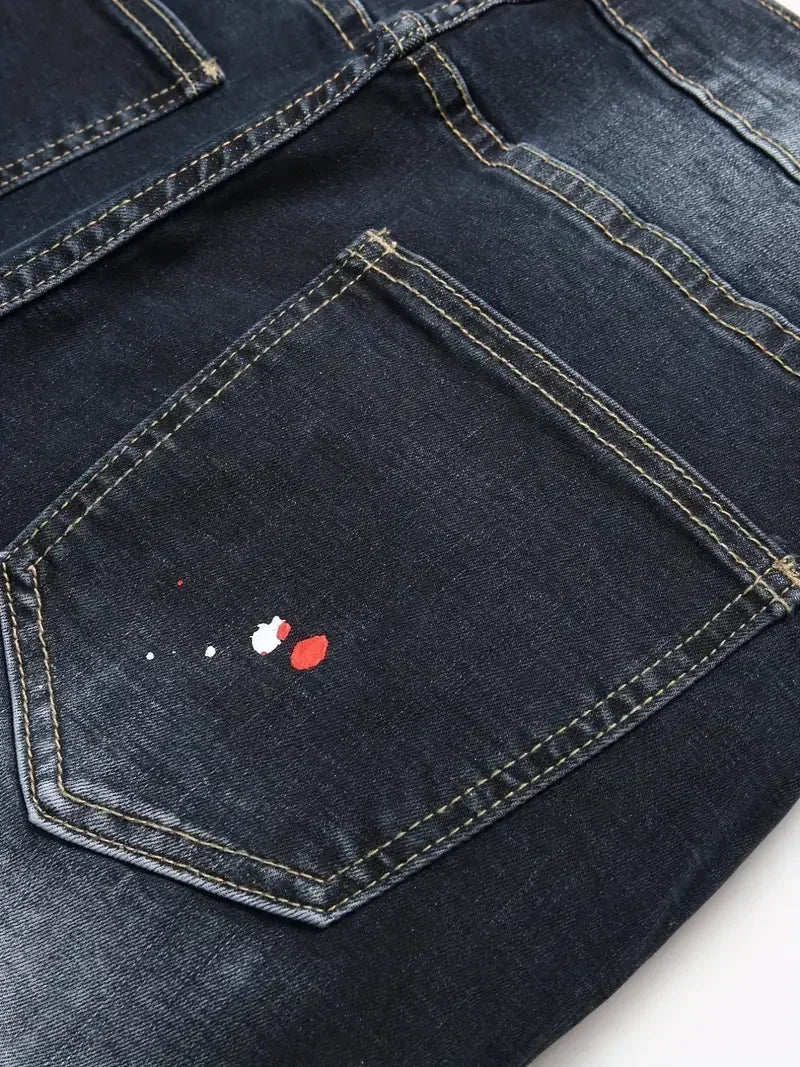 Men Y2K Stretchy Denim Jeans Ripped Skinny Letter Print Elastic Waist Casual Pants for Men Hole Slim Fit Denim Hip Hop Trousers