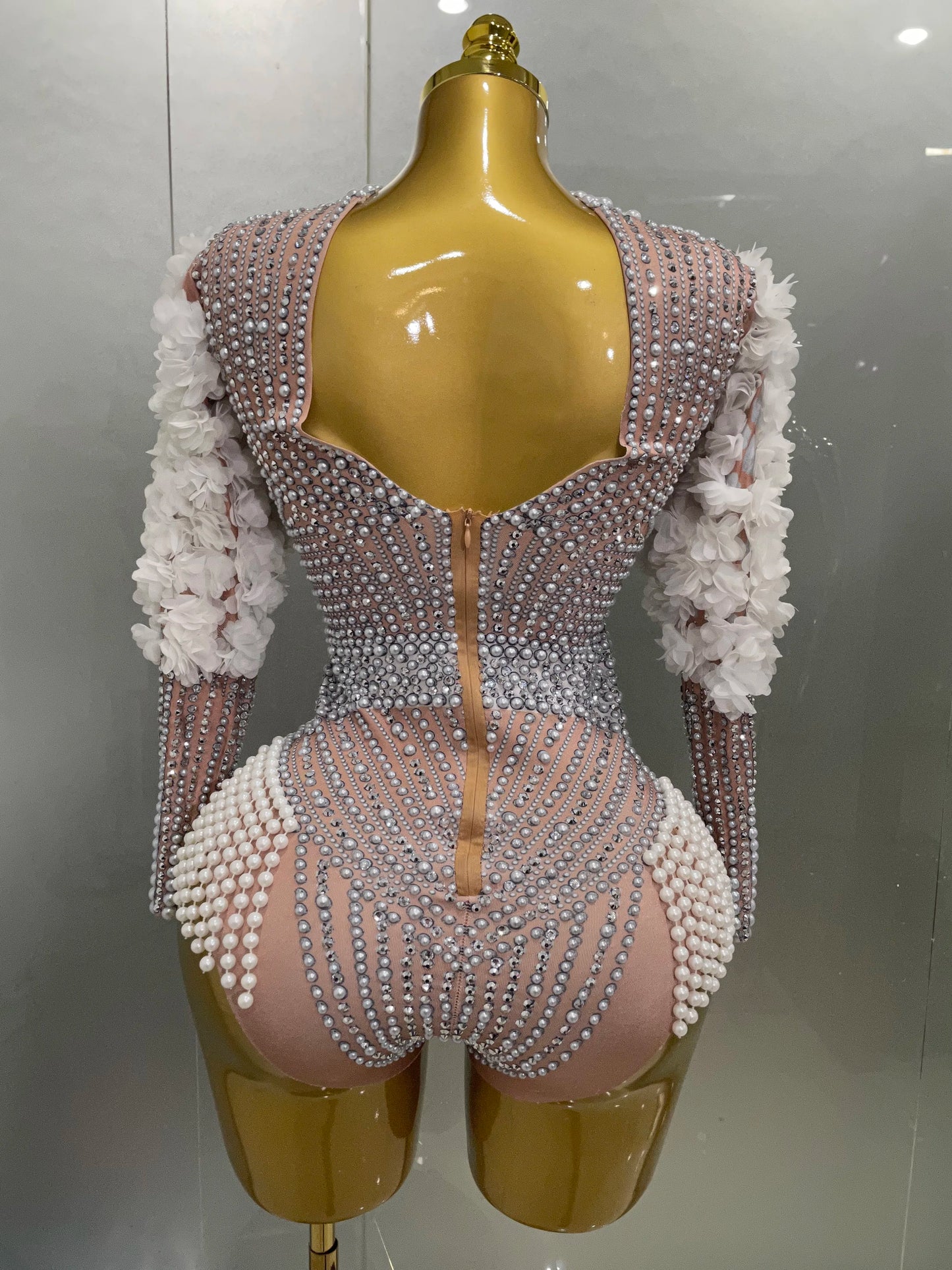 Sexy Luxury Sparkle Diamond Pearls Flower Bodysuits 2025 Women Birthday Party Leotard Dancer Nightclub Performance Stage Outfit