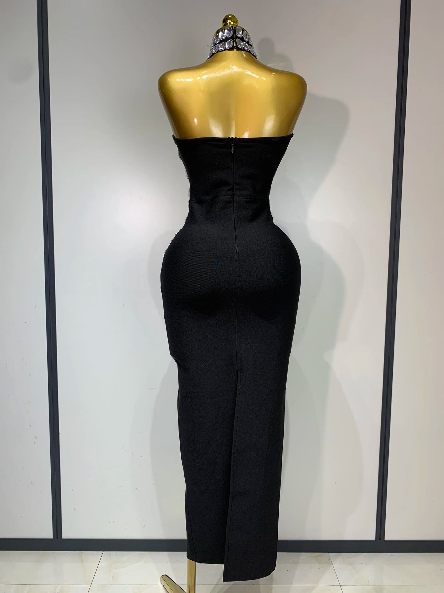 Women Sexy Backless Strapless Black Beading Long Bandage Bodycon Dress 2025 Celebrity  Elegant Evening Luxury Birthday Dresses