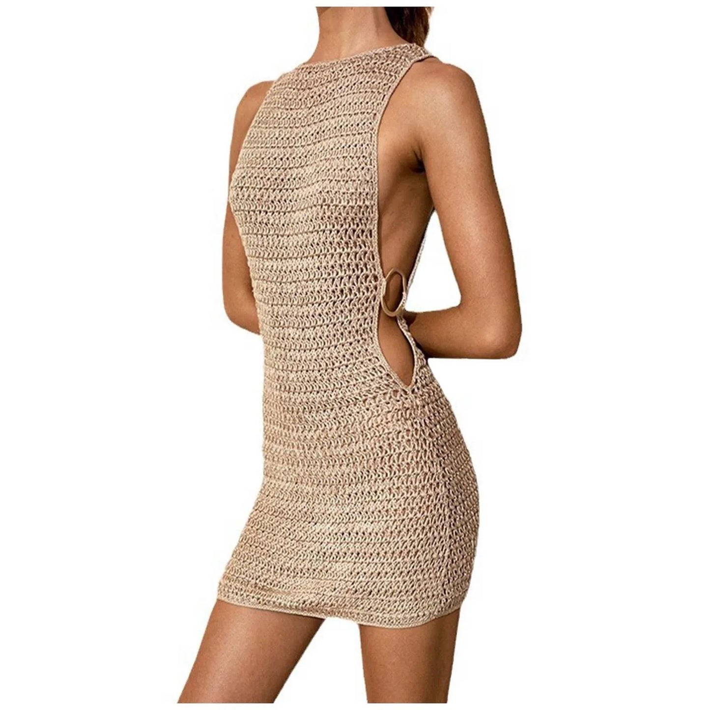 Sexy Cut Out Crochet Knitted Beach Dress Woman Summer Backless Tunic Beach Cover Ups Short Dress Beach Wear Women Swimsuit
