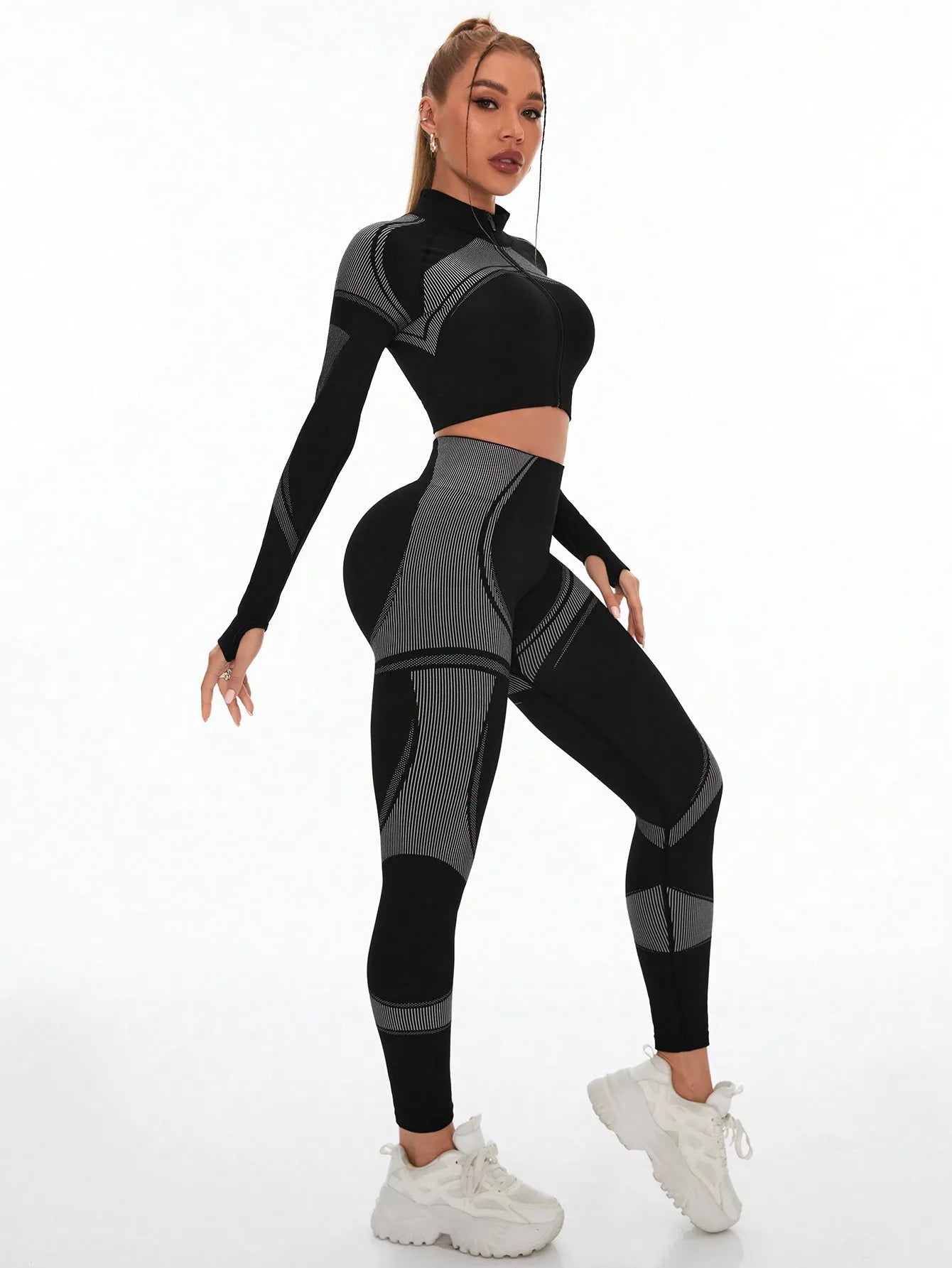 Women's Seamless Yoga Set Tummy Control High-Waist Leggings Long Sleeve Top Female Clothing Outdoor Women Sports Fitness Overall