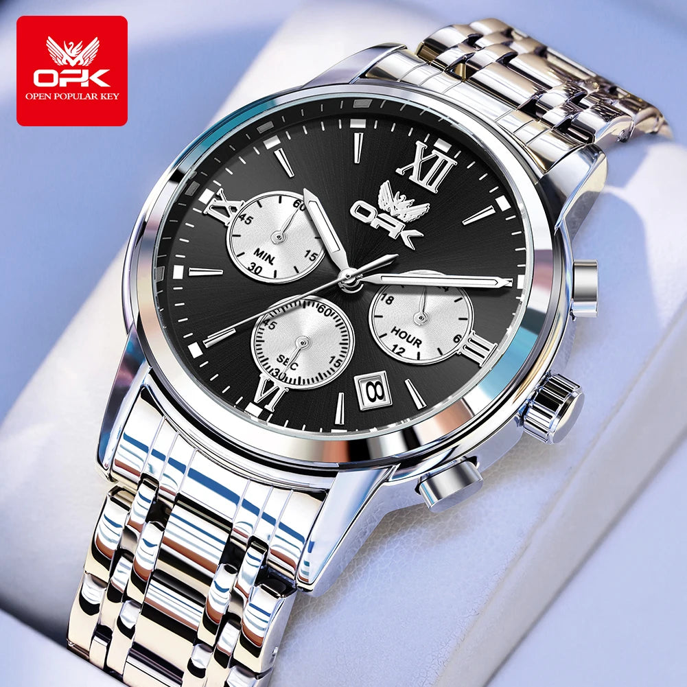 OPK Trendy classic three eye dial men's quartz watch waterproof genuine luminous men's watch for man chronograph date wristwatch