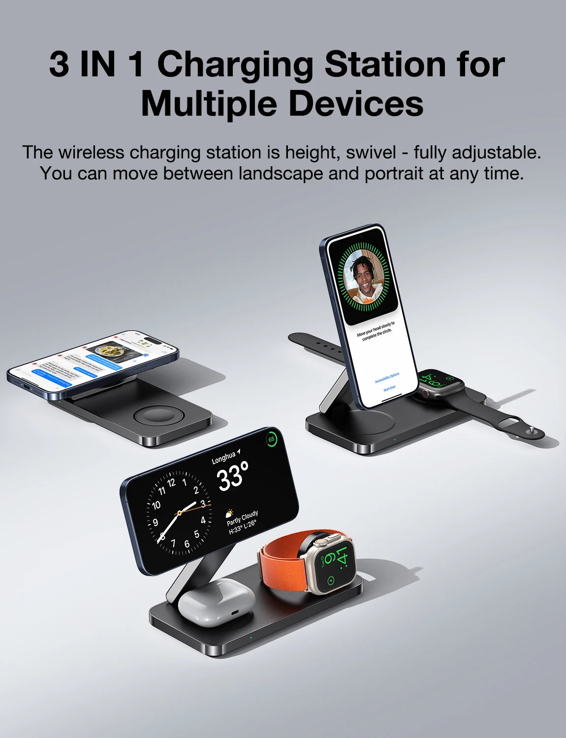 Magnetic 3 in 1 Fast Wireless Charger Stand Foldable Charging Station For iPhone 16 15 14 13 12 Apple Watch 9 8 7 6 Airpods Pro