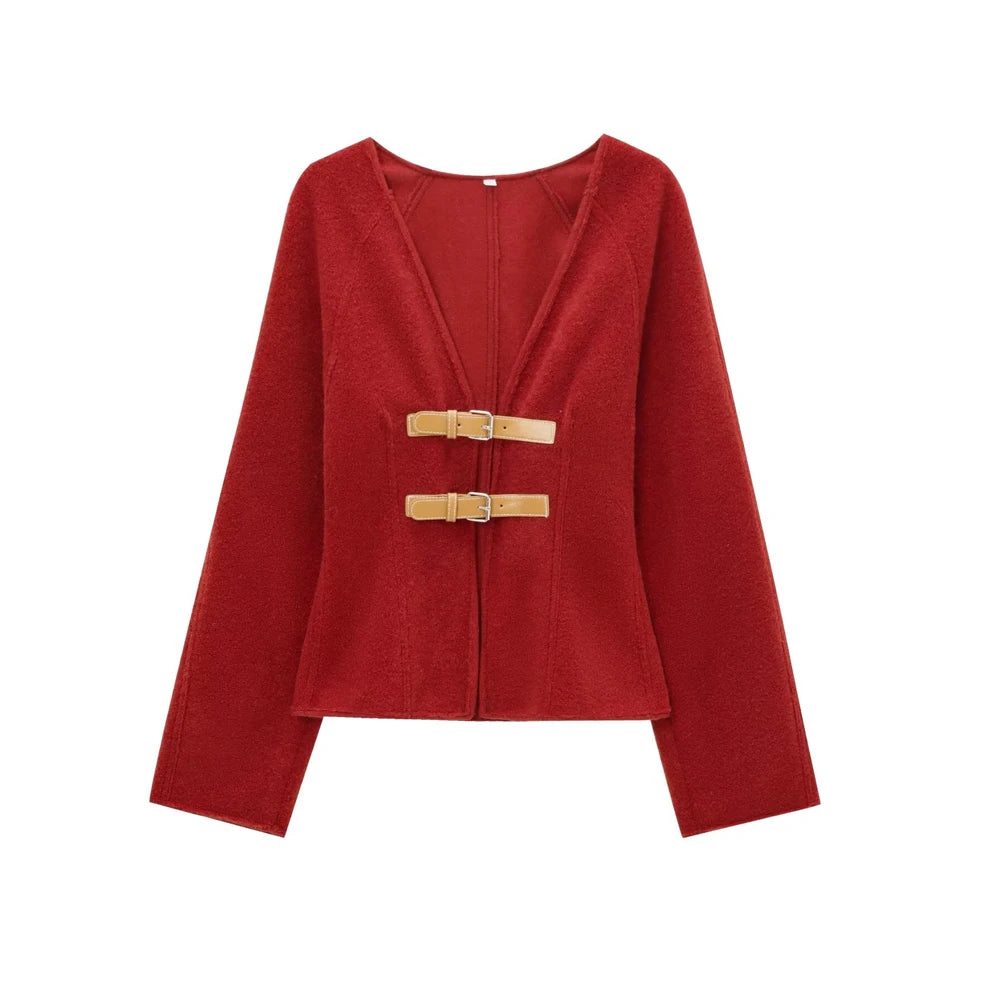 Women Fashion With Belt Woolen Jacket Coat V Neck Long Sleeve Female Outerwear Chic Tops
