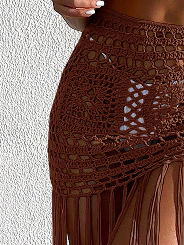 Crochet Tassel Bikini Cover Up Dress Beach Wear Women Tie Up Bather Bathing Suit Tassel Long Skirt Swimsuit Cover Up Beach Dress