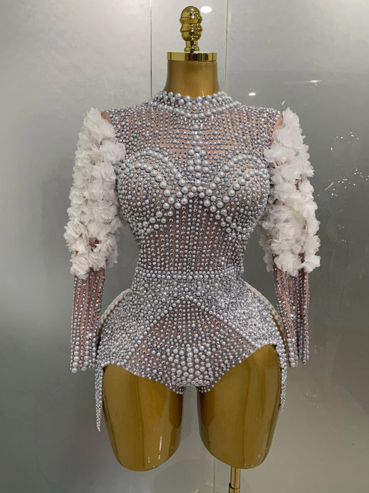 Sexy Luxury Sparkle Diamond Pearls Flower Bodysuits 2025 Women Birthday Party Leotard Dancer Nightclub Performance Stage Outfit