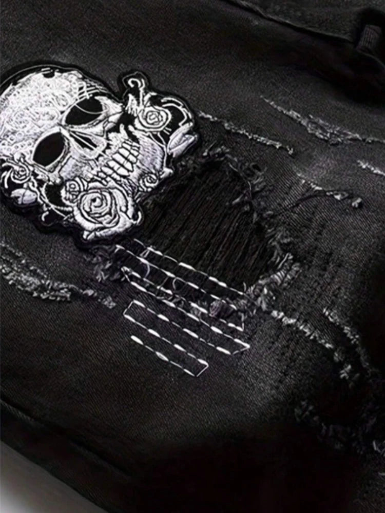Men's Black Distressed Jeans Skull Patch & Embroidery Letter Print Slim Fit Stretch Denim Pants Street Fashion Biker Trousers