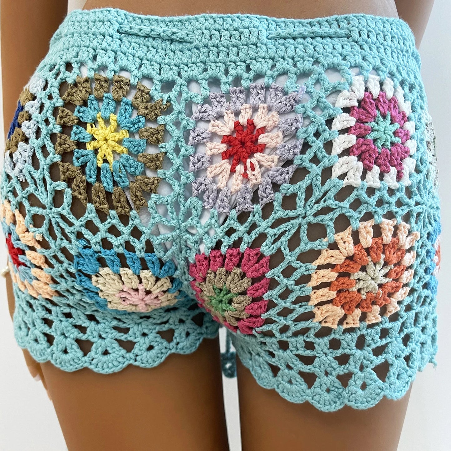Women Knit Crochet Beach Shorts Swimsuit Cover Ups Casual Hollow Out Elastic Waist Drawstring Short Pants Lounge Shorts Swimwear