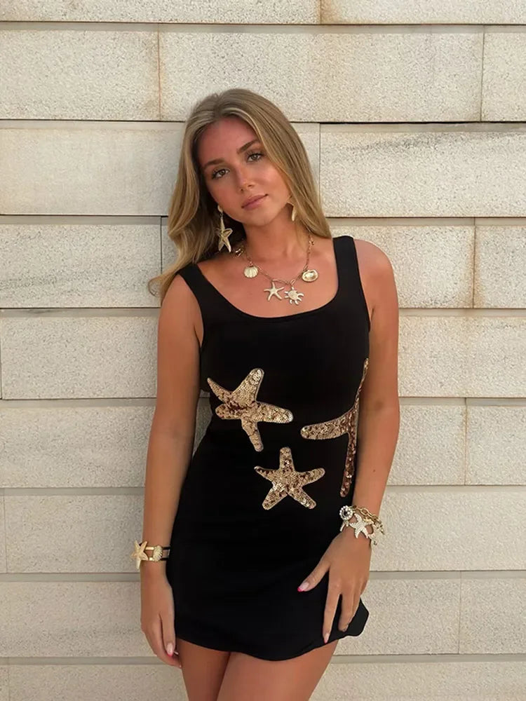 Stunning Shiny Stars Ruffles Hem Knitted Mini Dress Women's Chic Slim Fit Sleeveless Sling Vestidos 2025 Lady Street Gowns New