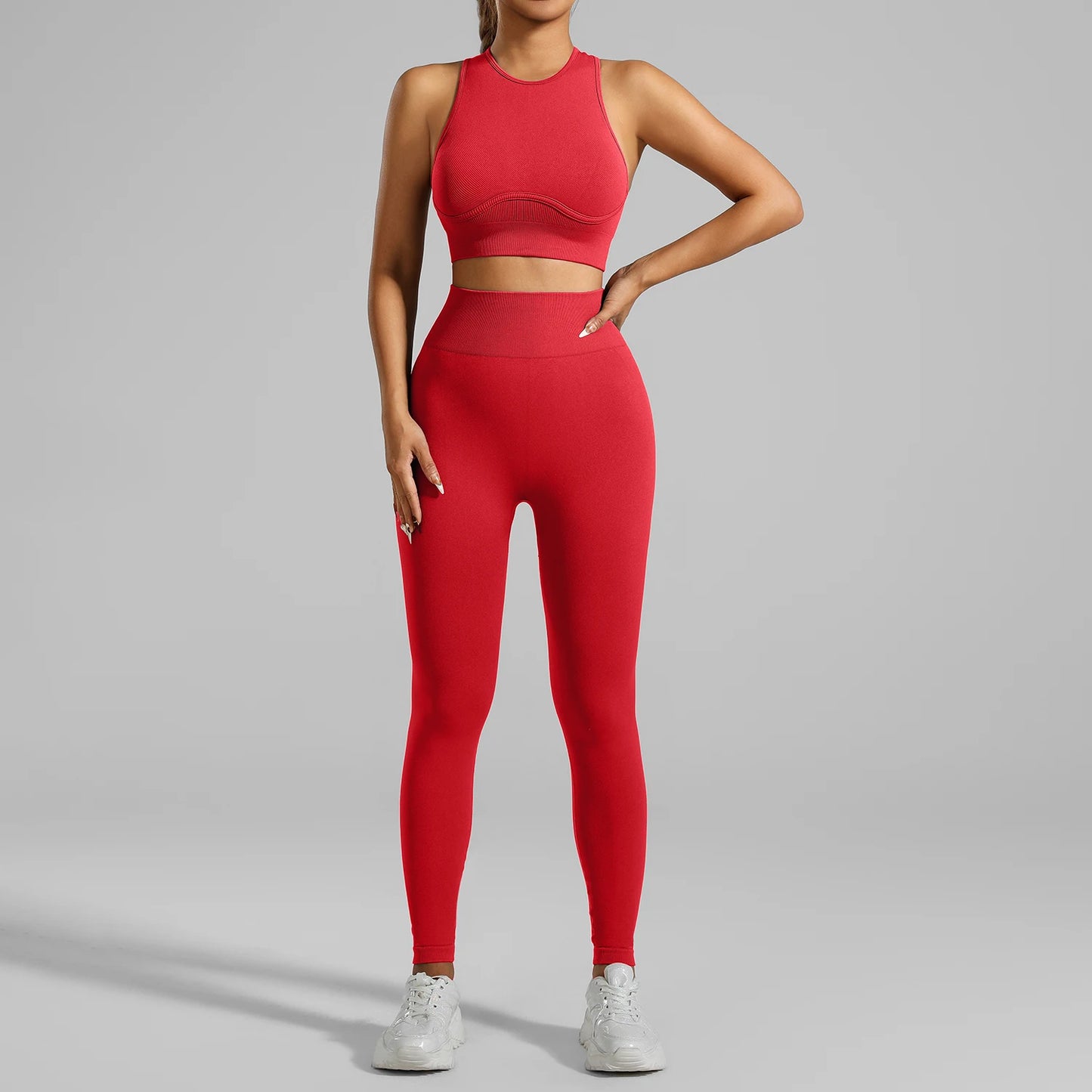 Seamless Ribbed High Waisted Yoga Set for Women, Tummy Control Criss Cross Back Workout Outfit, Quick Dry Fitness Set for Gym