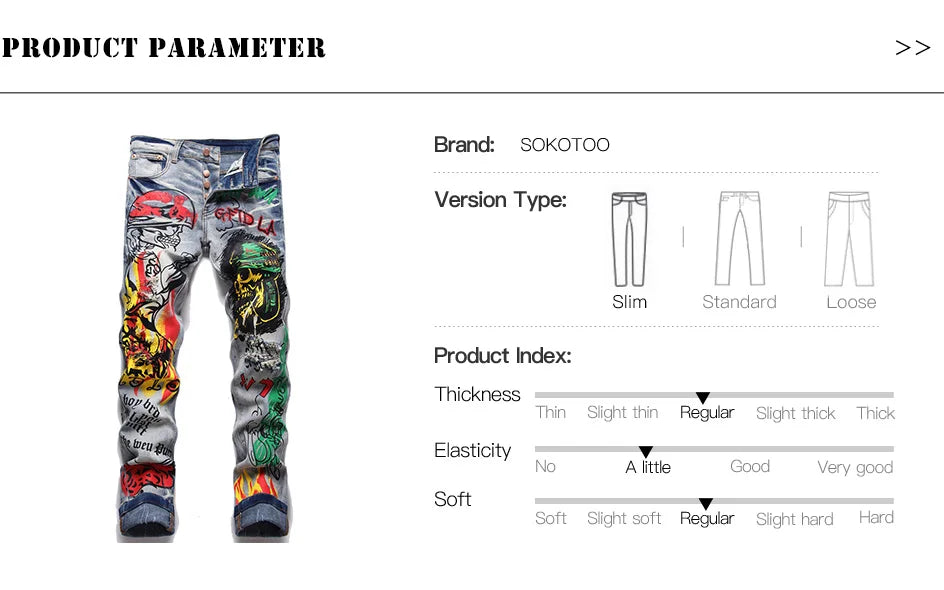 Herren Bedruckte Stretch-Jeans Streetwear Charakter Totenkopf Flamme Bemalte Hose Vintage Knöpfe Fly Schlanke zerrissene Hose