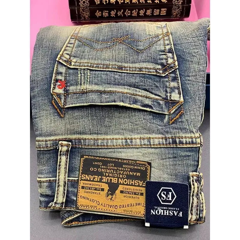 Street Fashion Men Jeans Retro Blue Elastic Slim Ripped Jeans Men High Quality Brand Designer Vintage Denim Pants Hombre