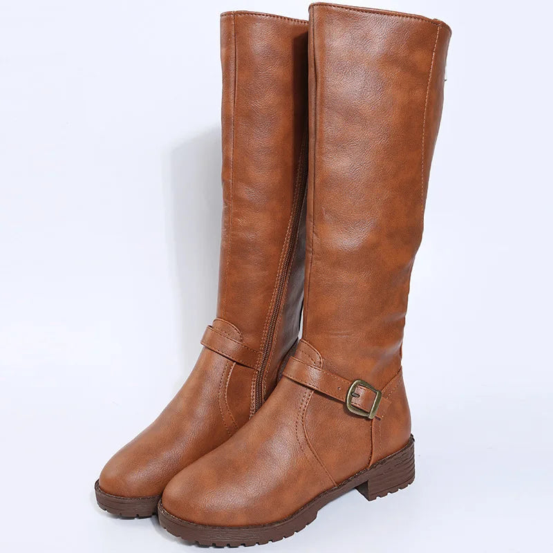 Women Knee High Boots Platform Long Boots Low Heels Round Toe Shoes New Zip Brown High Boot Vintage Pu Leather Women Boots 2025
