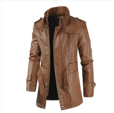 Men's Genuine Leather Jacket Winter Warm Thick Plush Lining Long Coat with Stand Collar Fashion Outerwear