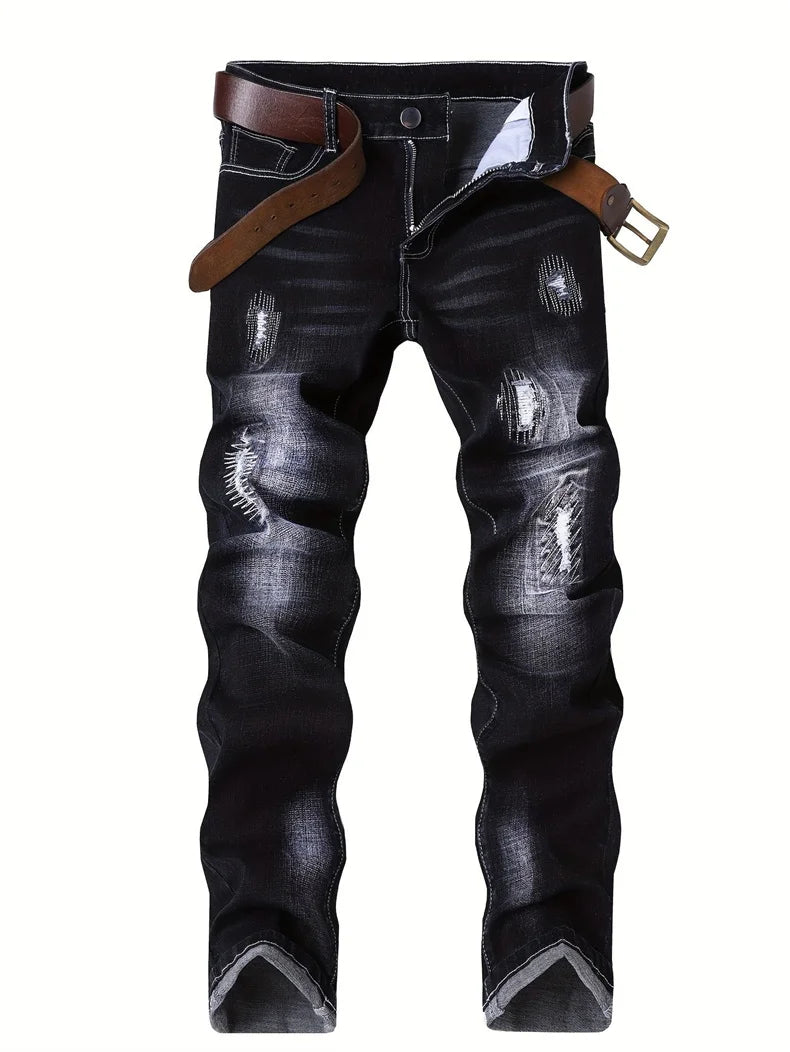 Motorcycle Trendy Straight Men's Jeans Elastic Washed Fashion Streetwear Denim Pants Embroidery Hip-Hop Trousers (Without Belt)