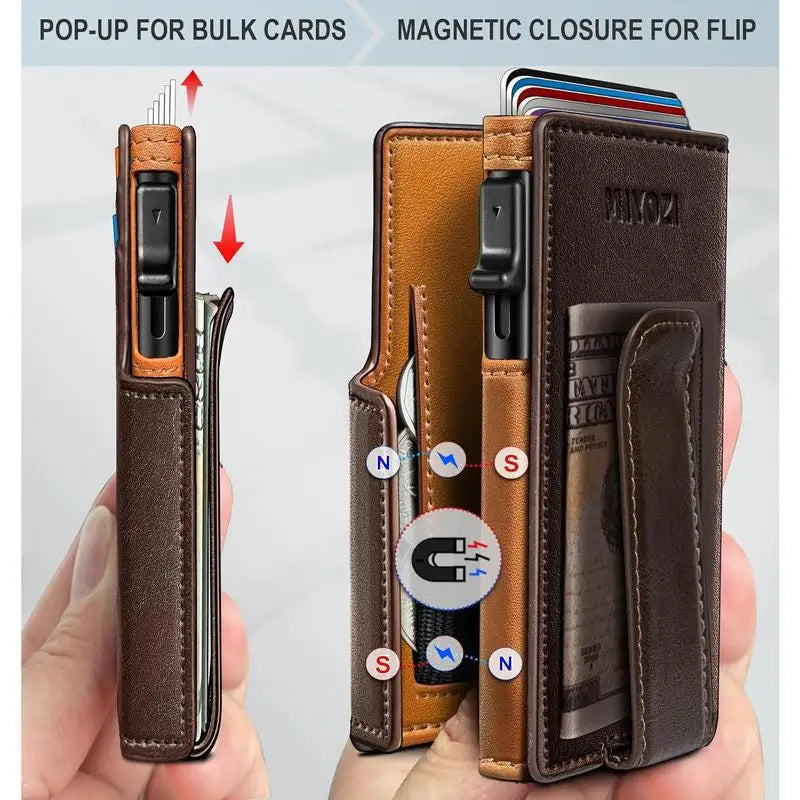 OUIO New Black Leather Wallet For Men Slim Bifold RFID Blocking Wallet With Pop-Up Metal Card Holder Card Sleeves POP UP Wallet
