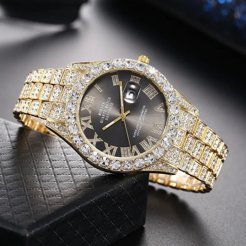Diamond Bling Watch Men Gold Color Luxury Gift Quartz Watches Male Clock Dropshipping  Rhinestone Calendar Wristwatch