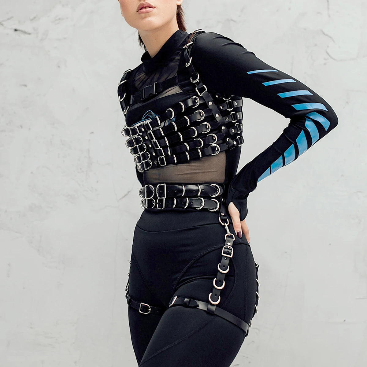 Harness PU Leather Metal Ring Adjustable Shoulder Strap Gothic Chest Belt Set Punk Accessory For Rave Party Dating Festival