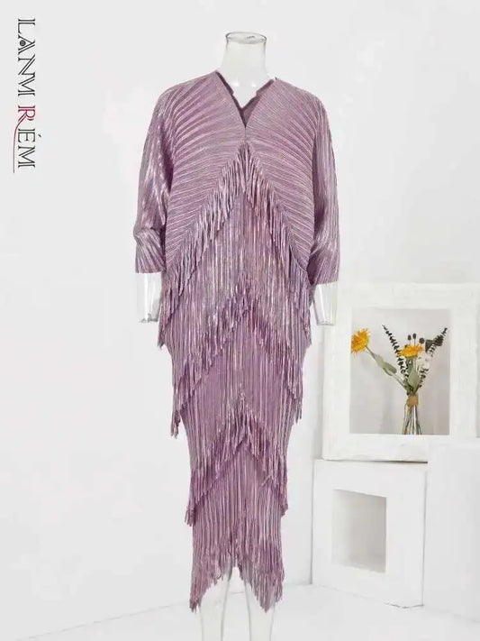 LANMREM 2025 New Elegant Party Tassel Pleated Dress Women V Neck Sequins Spliced Irregular Long Dresses Fashion Clothing 2DA1641