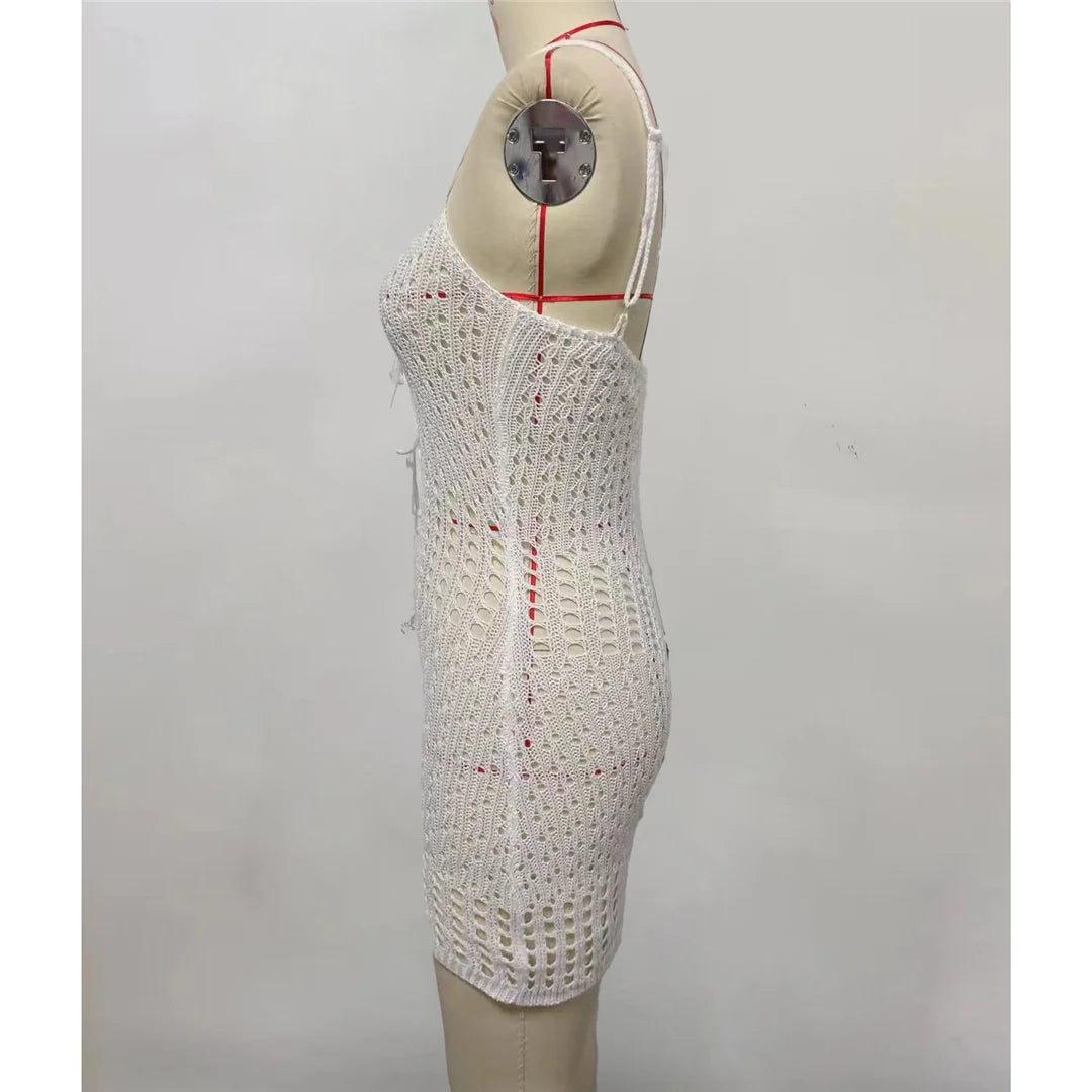 Beach Wear Beachwear Female Women Lace Up Hollow Out Backless Crochet Knitted Tunic Beach Cover Up Cover-ups Beach Dress V5655