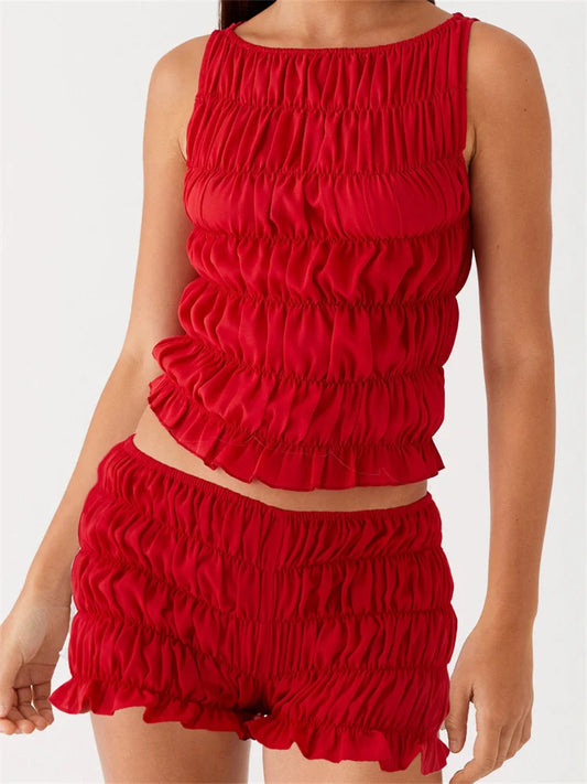 Women's 2 Piece Lounge Outfits Sleeveless Solid Color Ruched Tank Tops Shorts Sets