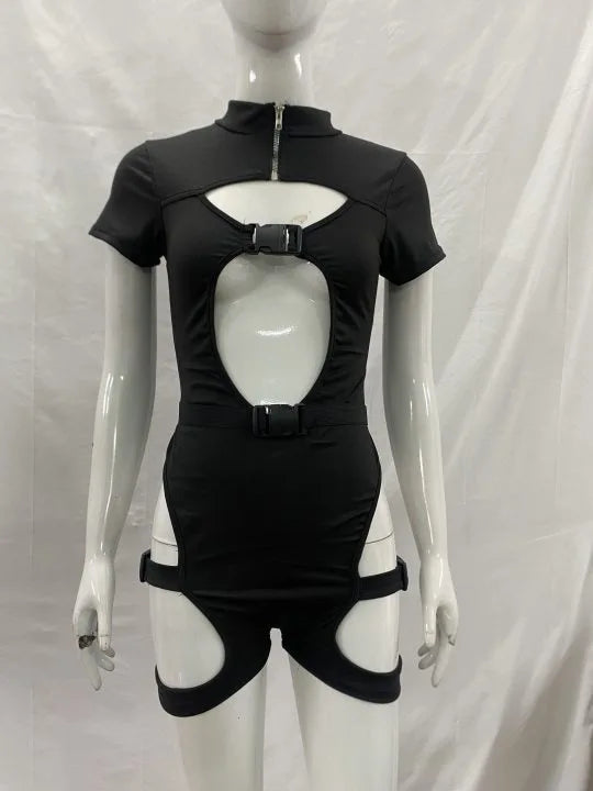 Elegant Hot Girl Style Black Hollow Out Functional Bodysuit Women Trendy Buckle Slimming Short Sleeve Top Casual Streetwear